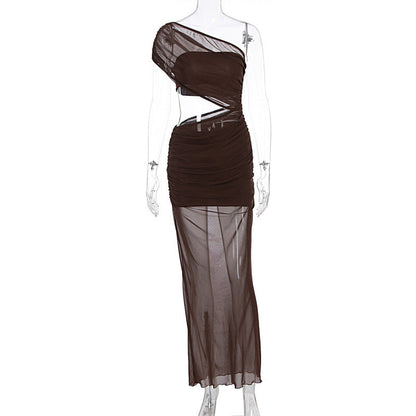 Women Clothing Summer Sexy off Shoulder Gauze Hollow Out Cutout Slim Fit Pleated See through Dress by Ragazza
