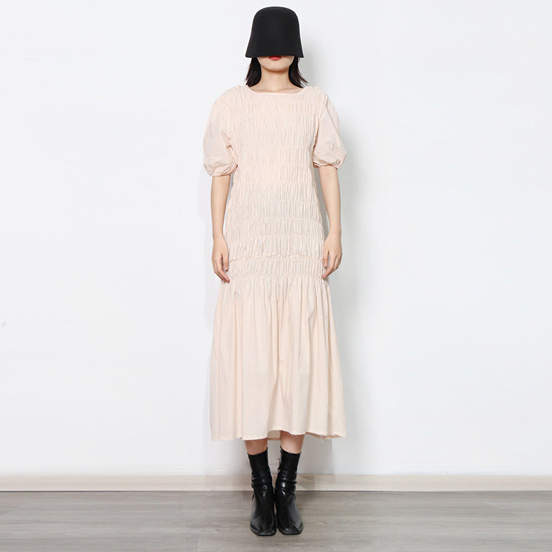 Fresh Sweet Early Spring round Neck Puff Sleeve Personalized Elastic Pleated Design Ruffled Hem Women Dress by Ragazza