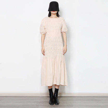 Fresh Sweet Early Spring round Neck Puff Sleeve Personalized Elastic Pleated Design Ruffled Hem Women Dress by Ragazza