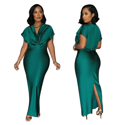 Women Wear V neck Short Sleeve Elegant Slim Back Slit Dress by Ragazza