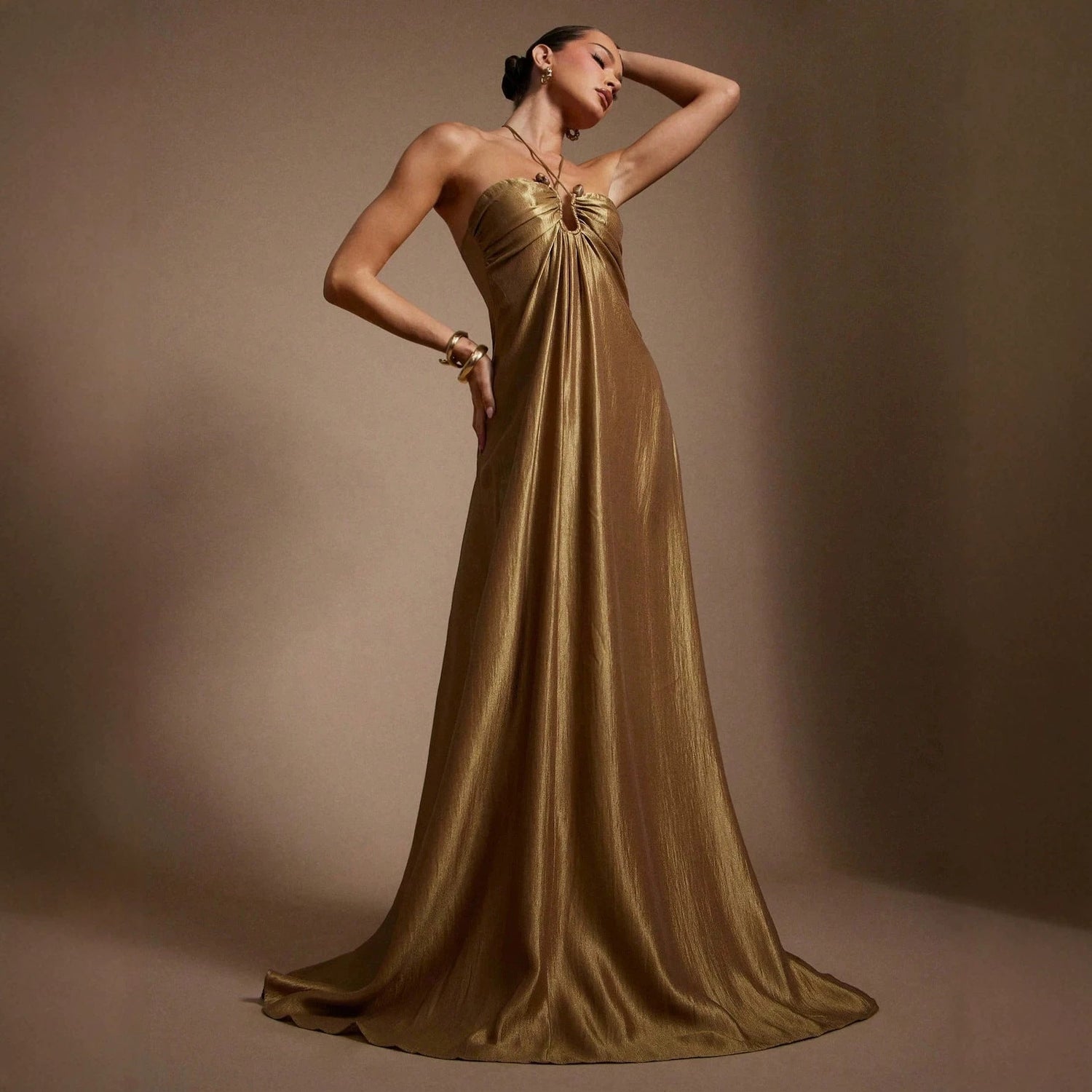 Summer Halter Sleeveless Backless Slim Fit Figure Flattering Waist Solid Color Maxi Dress  DestGlow