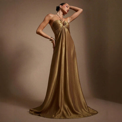 Summer Halter Sleeveless Backless Slim Fit Figure Flattering Waist Solid Color Maxi Dress  DestGlow