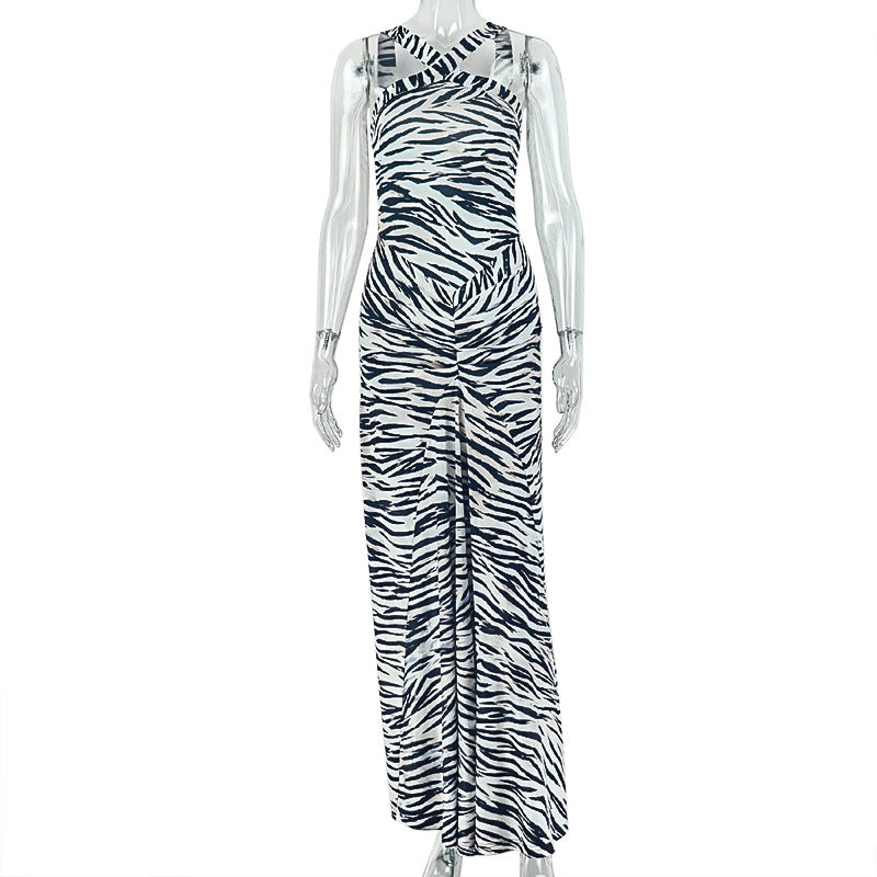 Women Streetwear Printed Leopard Print Hip Dress Cross Strap Sleeveless Slim Dress by Ragazza