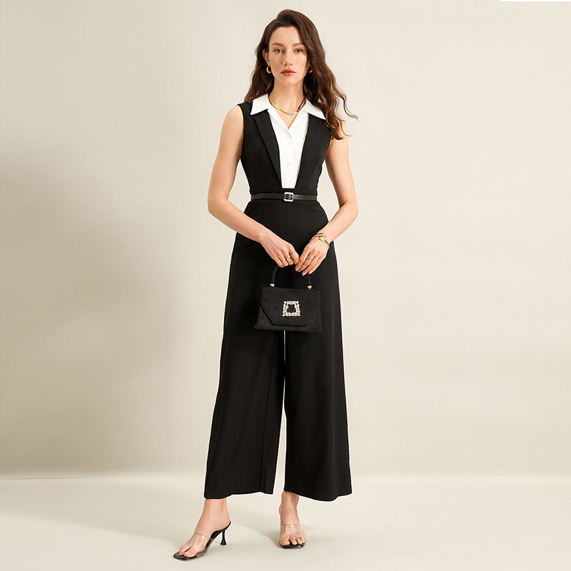 Summer Faux Two Piece Black White Color Stitching Turnover Neck Sleeveless Jumpsuit for Women（Without belt） by Ragazza