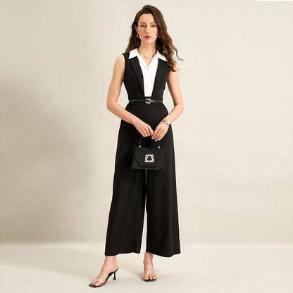 Summer Faux Two Piece Black White Color Stitching Turnover Neck Sleeveless Jumpsuit for Women（Without belt） by Ragazza