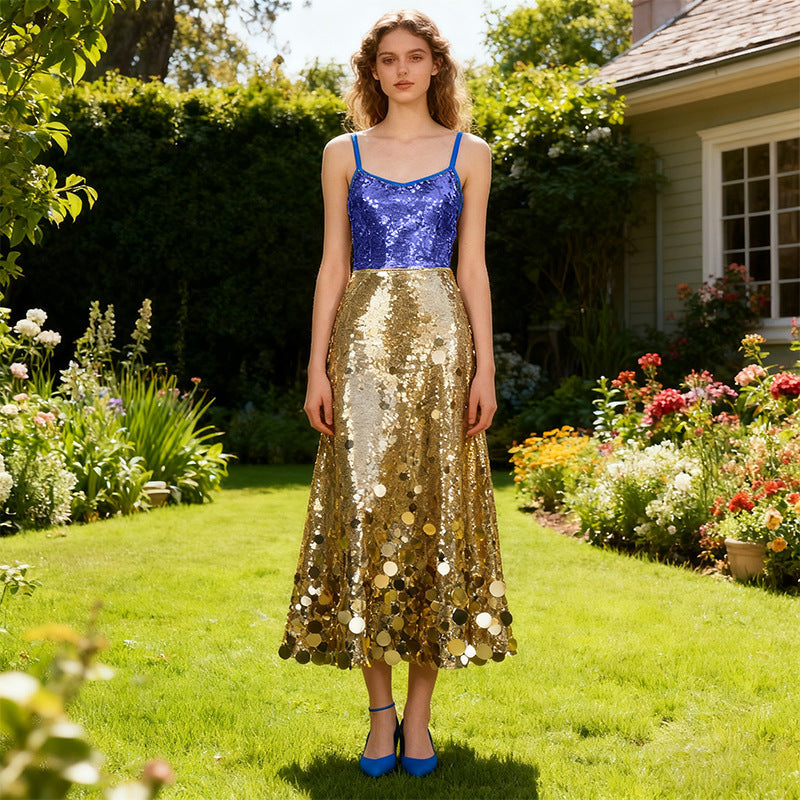 Sequined Dress Spring High Grade All-Match Waist Slimming Solid Skirt by Ragazza