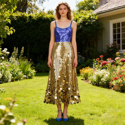 Sequined Dress Spring High Grade All-Match Waist Slimming Solid Skirt by Ragazza