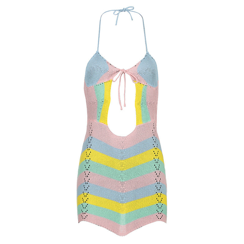 Wave Striped Contrast Color Product Mother Halter Straps Backless Chest Hollow Out Cutout Sexy Woolen Short Dress Women by Ragazza