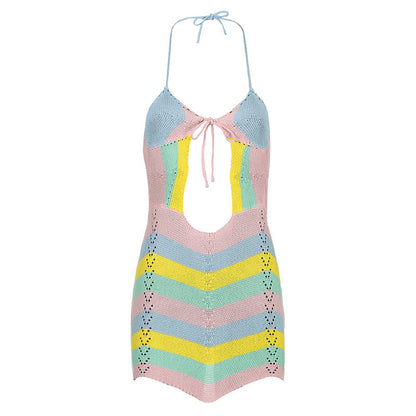 Wave Striped Contrast Color Product Mother Halter Straps Backless Chest Hollow Out Cutout Sexy Woolen Short Dress Women by Ragazza