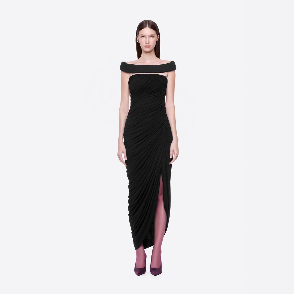 Sexy off the Shoulder Side Slit Draping Effect Pleated Slim Fit Dinner Birthday Party Dress  DestGlow