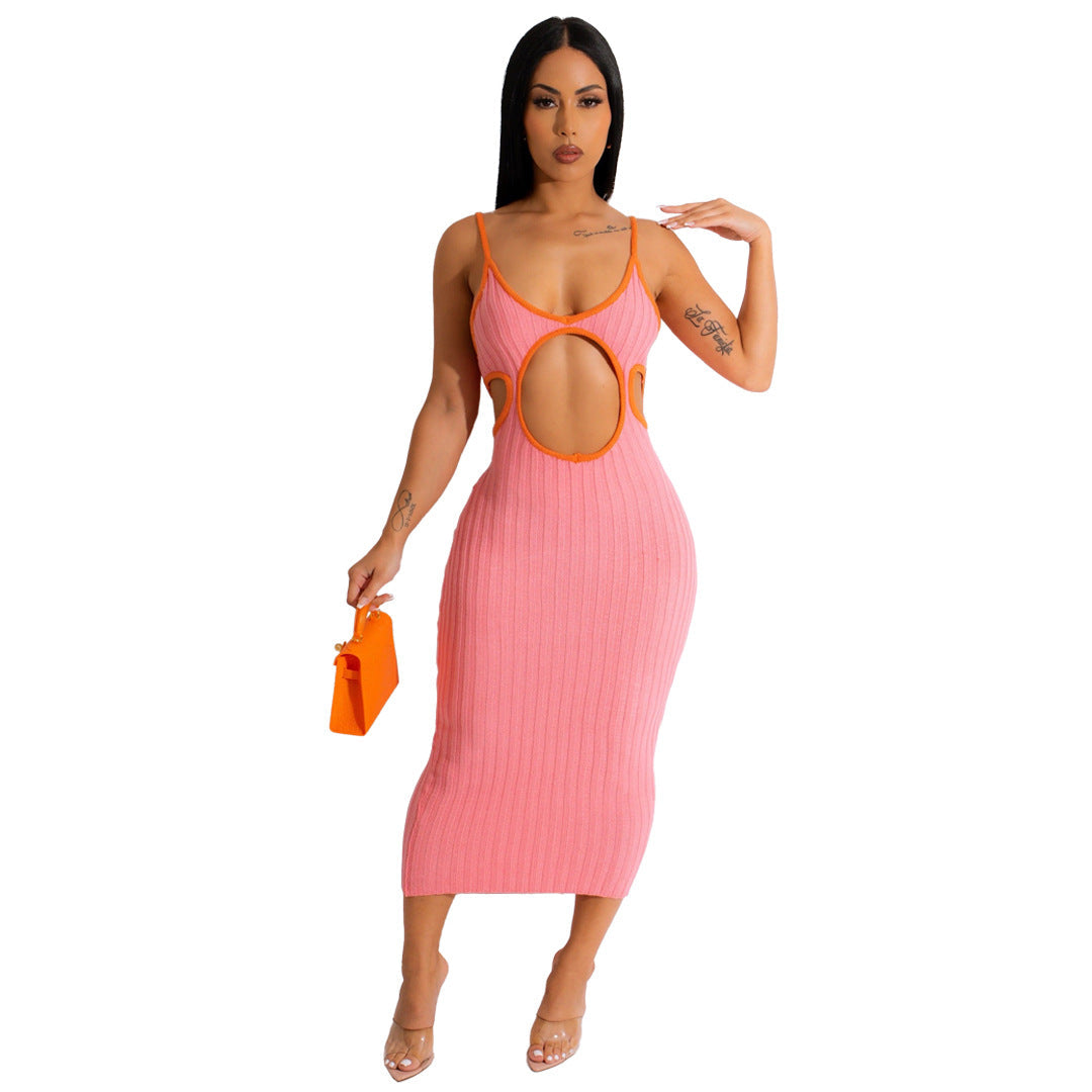 Women Clothing Solid Color Hollow Out Cutout Handmade Knitted Sweater Contrasting Color Dress by Ragazza
