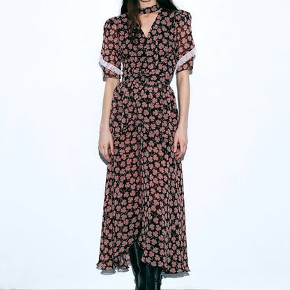 Digital Printing French Dress Women V neck Short Sleeve Front Slit Waist Seal Floral Dress by Ragazza
