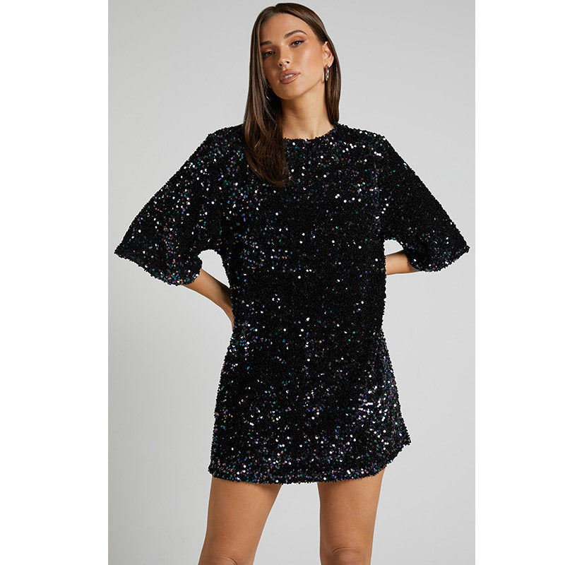 Autumn Winter Velvet Sequin Elegant V neck Backless Short Sleeve Dress by Ragazza