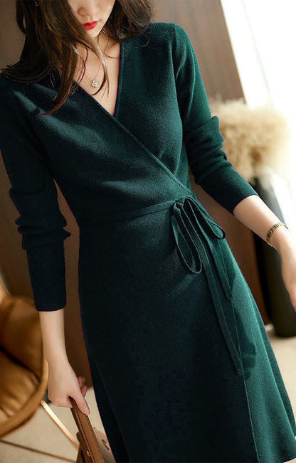 V neck Lace up Stomach Blanket Dress Women Autumn Winter Korean Loose Slim Socialite Knitted Dress by Ragazza