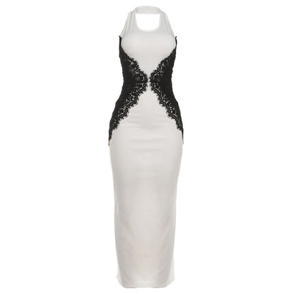 Autumn Winter Women Elegant Sexy Lace Stitching Hollow Out Cutout Contrast Color Slim Fit Halter Dress by Ragazza