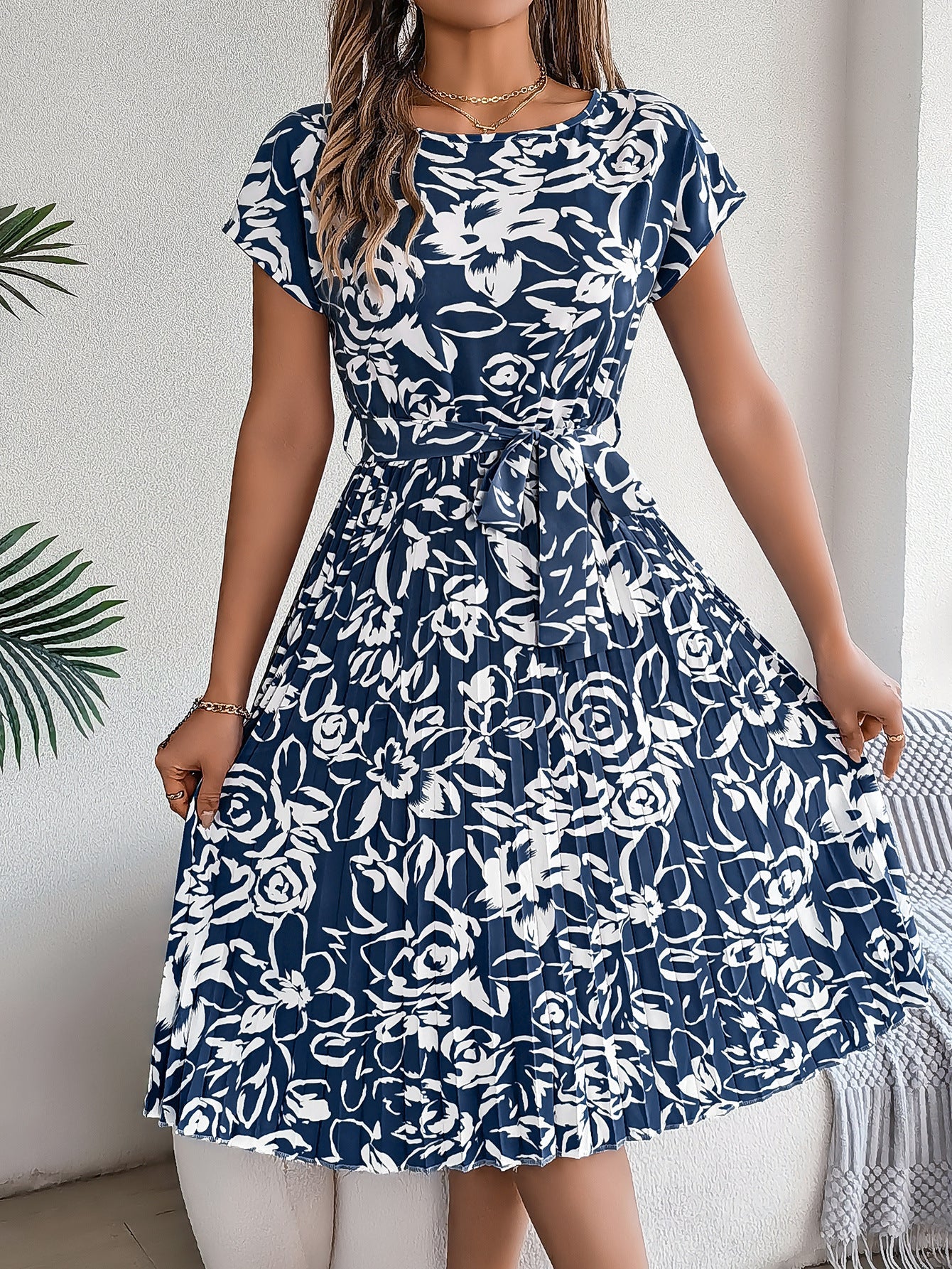 Spring Summer Elegant Floral Short Sleeve Large Hem Pleated Dress Women Clothing by Ragazza