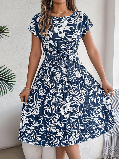 Spring Summer Elegant Floral Short Sleeve Large Hem Pleated Dress Women Clothing by Ragazza