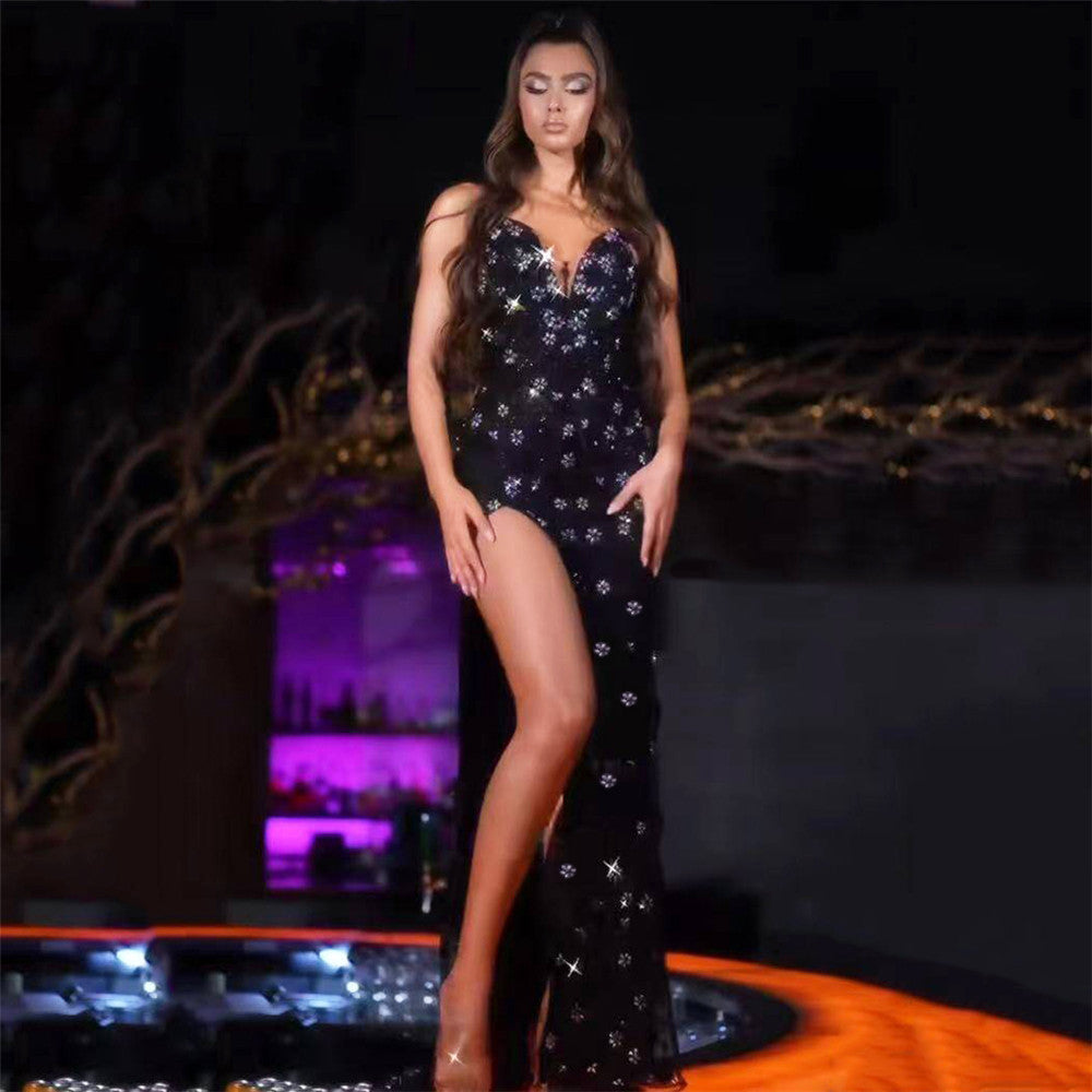 Rhinestone Tube Top Bandage One Piece Dress Sexy High Split Waist Slimming Long Evening Dress by Ragazza