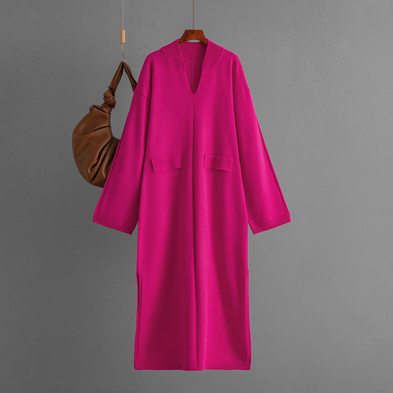 Autumn Winter V neck Solid Color Casual Loose Knitted Dress Split Long Sleeve Long Dress  DestGlow