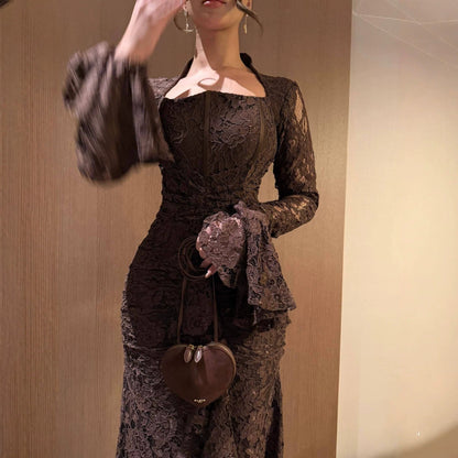 Autumn Women Clothing Elegant Lace Swing Evening Dress  DestGlow
