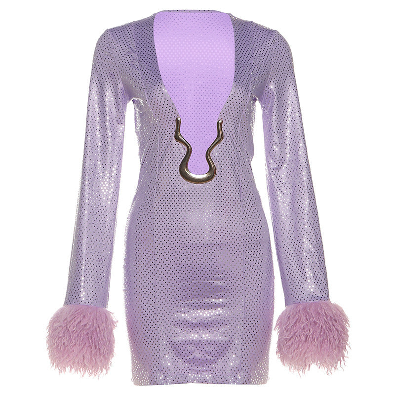 Autumn Winter Women Sexy Deep V Plunge Sequined Frayed Long Sleeve Narrow Dress by Ragazza