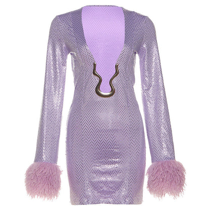 Autumn Winter Women Sexy Deep V Plunge Sequined Frayed Long Sleeve Narrow Dress by Ragazza