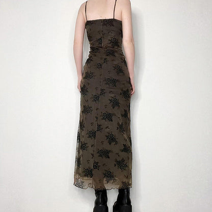 French Retro Elegant Adult Lady Woman Floral Print Maxi Dress Mesh Wooden Ear Off Neck Slim Strap Long One Step Dress by Ragazza