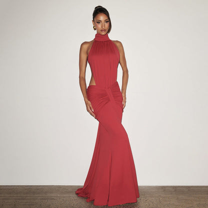 Halter Pleated Slim Fit Maxi Dress High Neck Sexy Backless Cocktail Dress  DestGlow