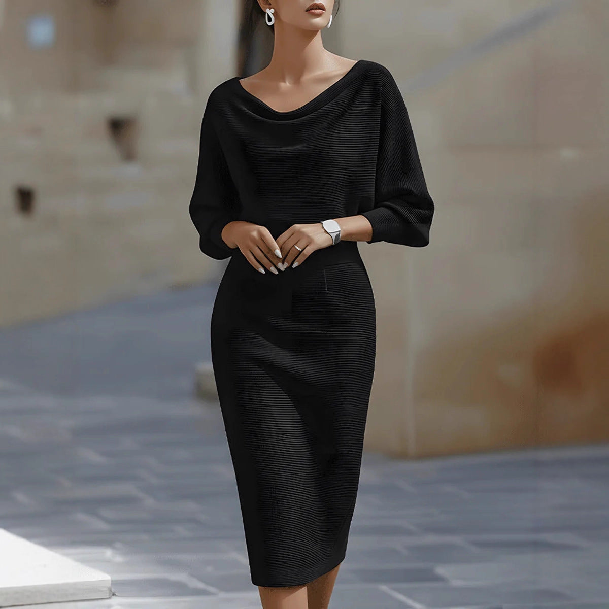 Draped Batwing Sleeve Mid Length Dress by Ragazza