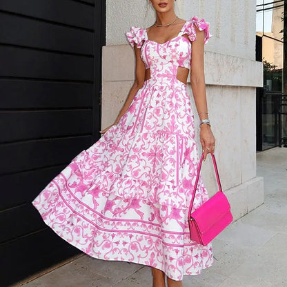 Women Clothing Elegant Padded Shoulder Flying Sleeves Printed Large Dress Maxi Dress by Ragazza