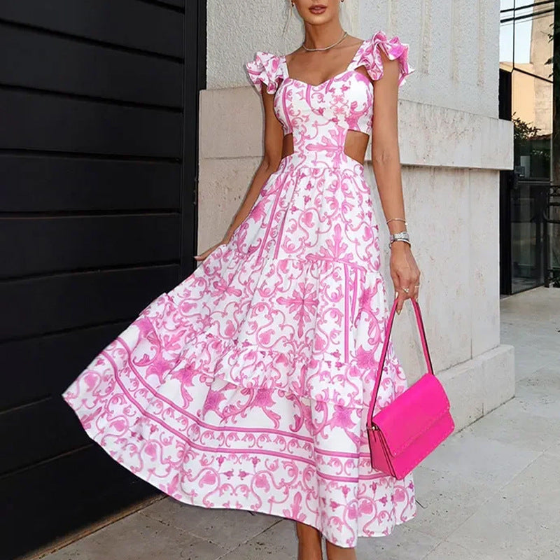 Women Clothing Elegant Padded Shoulder Flying Sleeves Printed Large Dress Maxi Dress by Ragazza