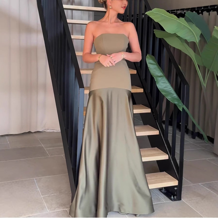 Summer Sexy Tube Top Satin Sleeveless Stitching Solid Color Dress by Ragazza
