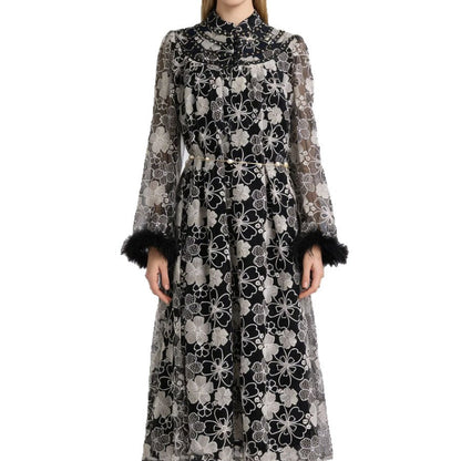 Spring Elegant Retro Stand Collar Fur Bell Sleeve Waist Slimming Floral Dress by Ragazza