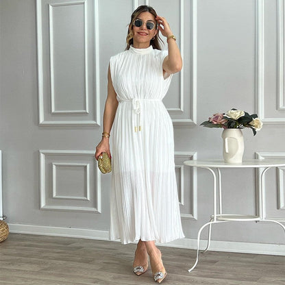 Women Clothing Spring Summer Simple Half Turtleneck Waist-Controlled Lace up Mid Length Dress by Ragazza