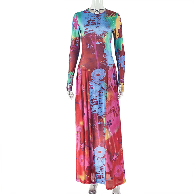 Women Clothing Vintage Crumpled Printed Patchwork Waist Slimming A line Dress round Neck Home Long Sleeve Dress by Ragazza