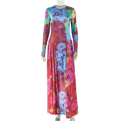 Women Clothing Vintage Crumpled Printed Patchwork Waist Slimming A line Dress round Neck Home Long Sleeve Dress by Ragazza