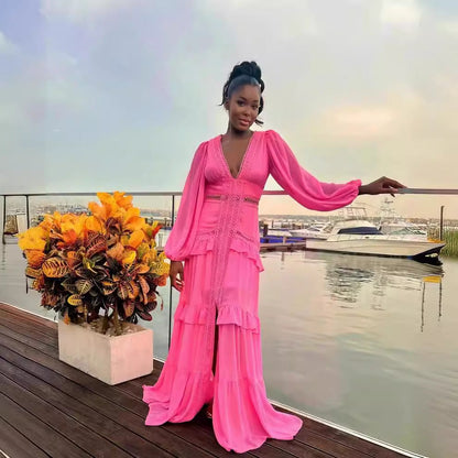 Autumn Winter Elegant Stitching Long Sleeve V Neck Dress Women Dress by Ragazza