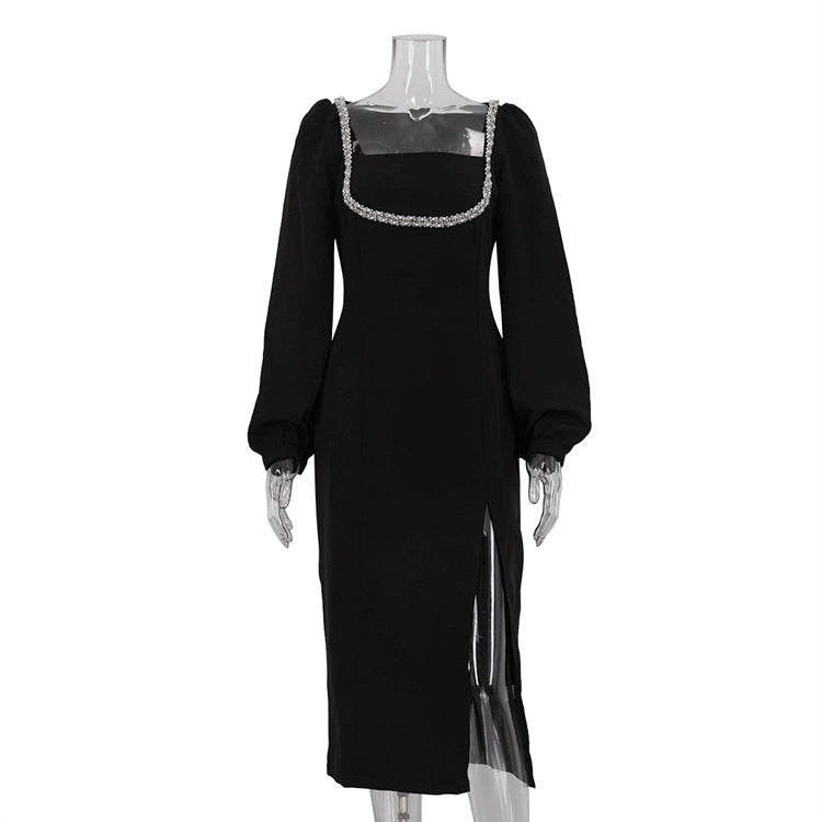 Design Diamond Square Collar Dress Women Elegant Long Sleeve Waist Tight Slit Sheath Dress by Ragazza