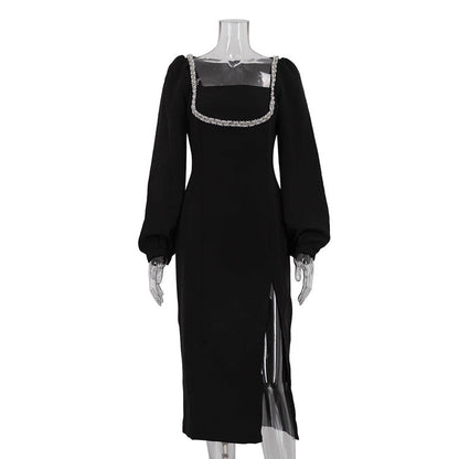 Design Diamond Square Collar Dress Women Elegant Long Sleeve Waist Tight Slit Sheath Dress by Ragazza