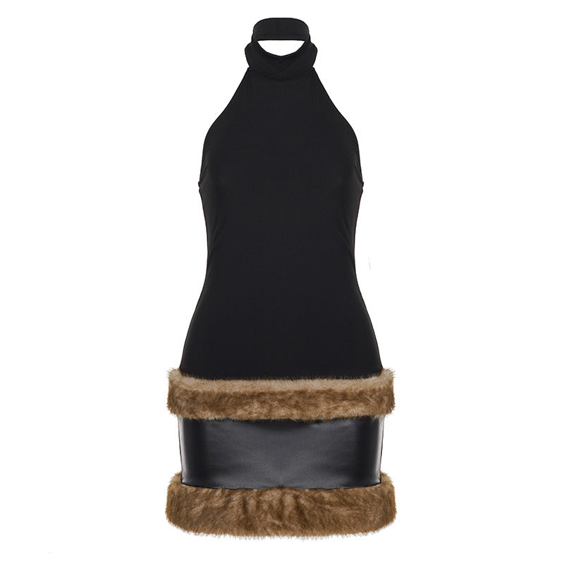 Autumn Winter Fur Stitching Party Dress Halter Leather Plush Hip by Ragazza