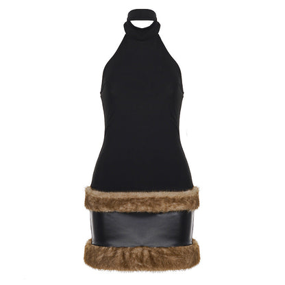 Autumn Winter Fur Stitching Party Dress Halter Leather Plush Hip by Ragazza
