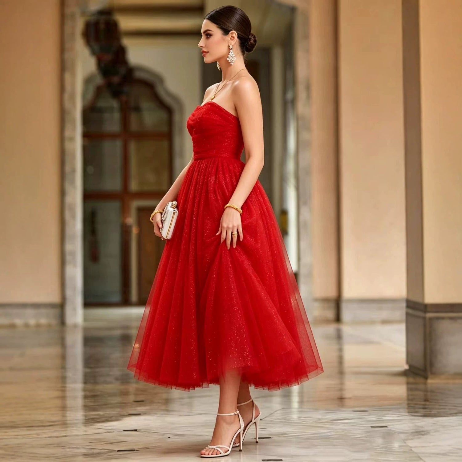 French off Shoulder Red Toast Dress Evening Gown  DestGlow