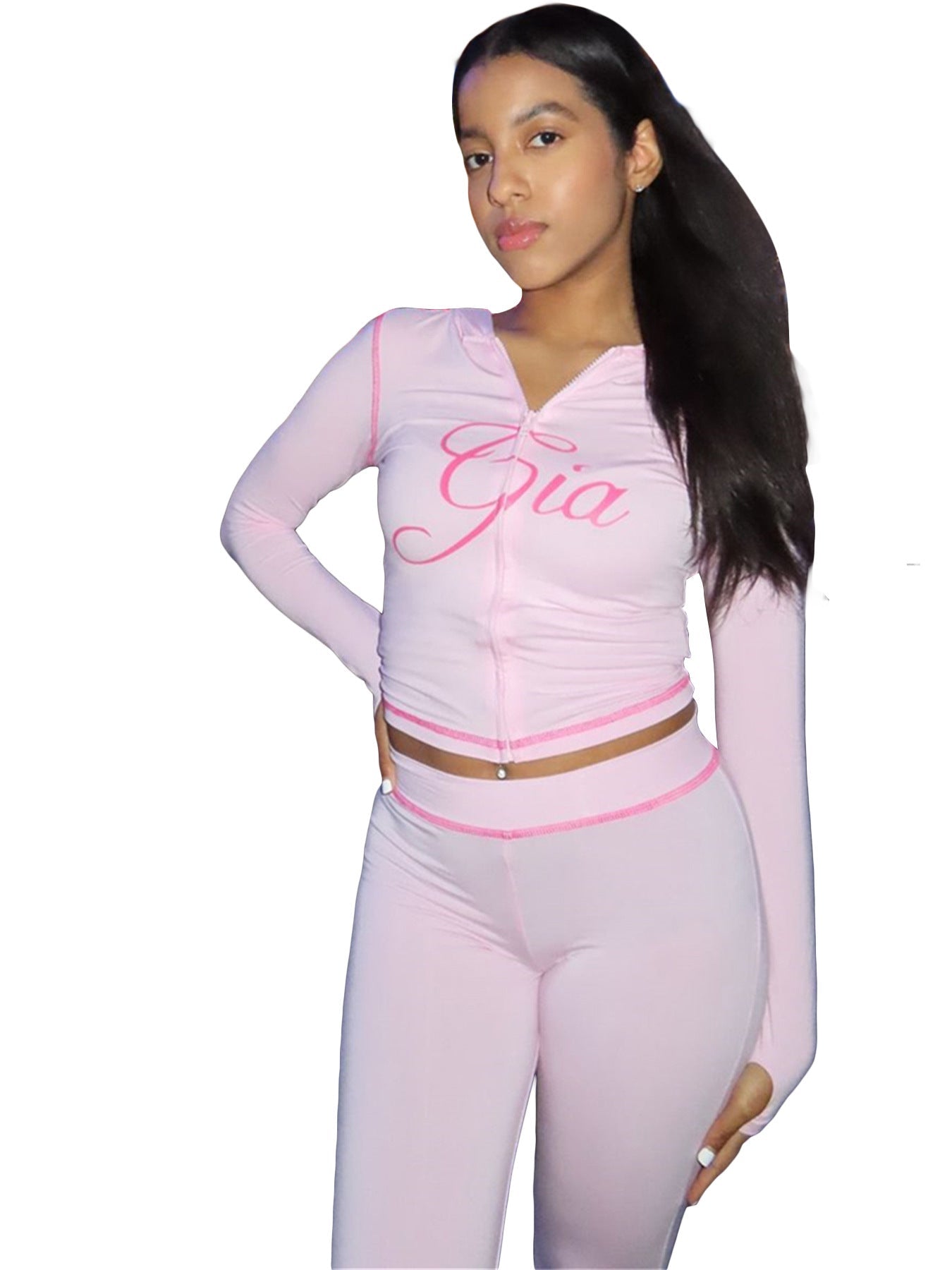 Women Wear Supply Printed Hooded Long Sleeve Thumb Hole Slightly Flared Two Piece Sets by Ragazza