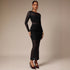Round Neck Mesh Stitching Solid Color Slim Fit Sheath Pleated Edge Ladies Long Dress by Ragazza