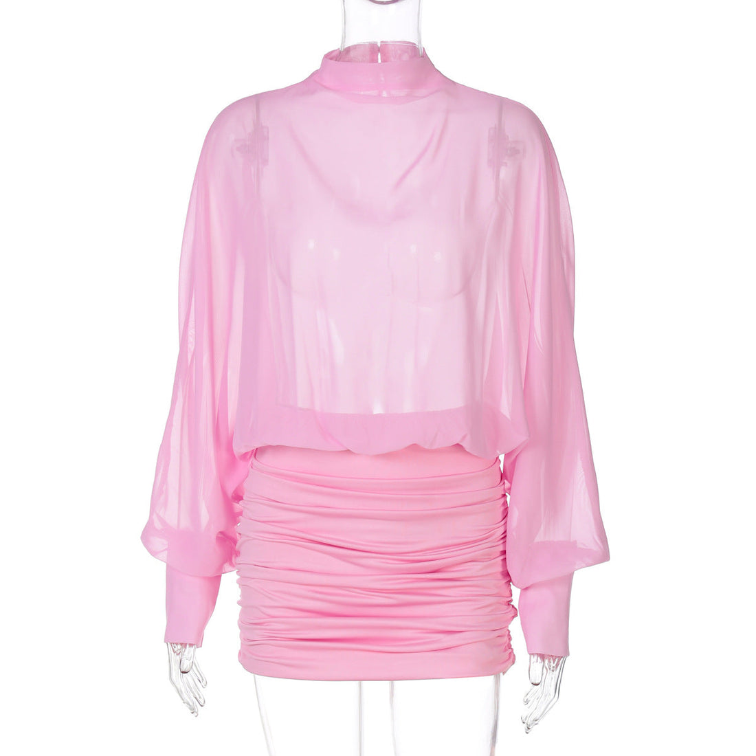Women Clothing Summer Sexy Chiffon See through Stitching Crumpled Long Sleeve Dress by Ragazza