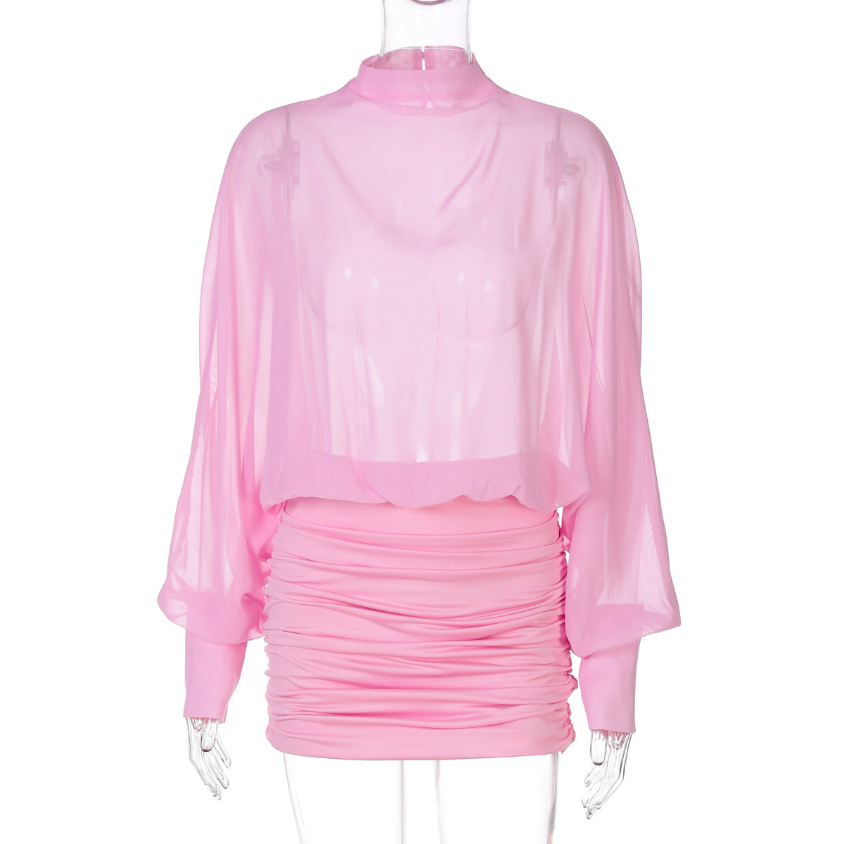Women Clothing Summer Sexy Chiffon See through Stitching Crumpled Long Sleeve Dress by Ragazza