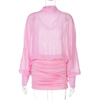 Women Clothing Summer Sexy Chiffon See through Stitching Crumpled Long Sleeve Dress by Ragazza