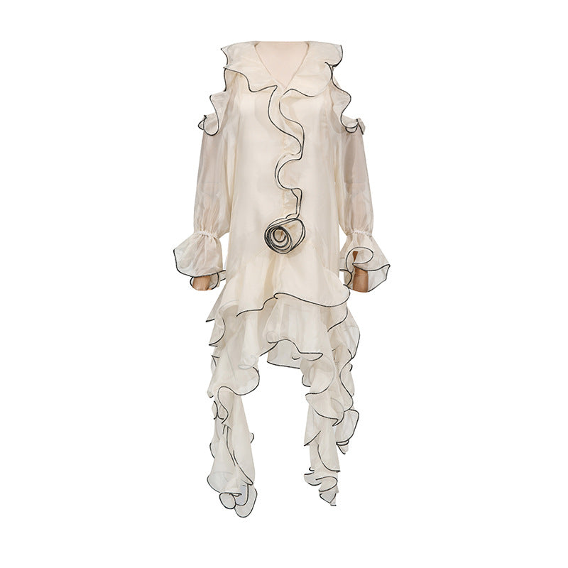 Vacation Socialite Light Luxury Trim Slim White Dress Autumn Ruffled Long Sleeve off Shoulder Dress by Ragazza