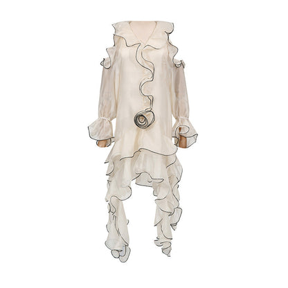 Vacation Socialite Light Luxury Trim Slim White Dress Autumn Ruffled Long Sleeve off Shoulder Dress by Ragazza