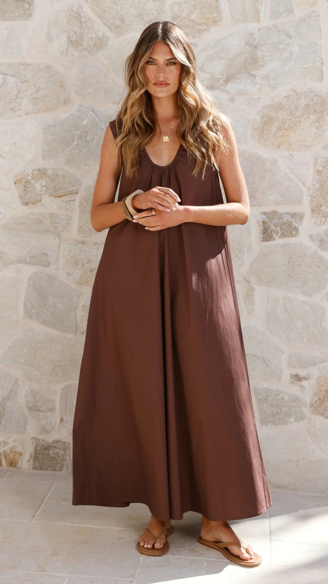 Spring Summer Women Solid Color Maxi Dress U Neck A line Simple Elegant Dress Vest Maxi Dress by Ragazza